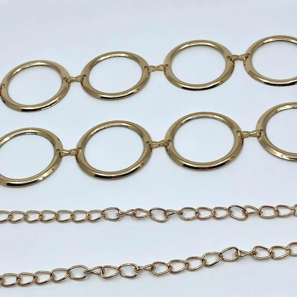 Vintage Y2K Retro Gold Open Circle Chain Belt, Fits 25–44 Inches, X7GA1191